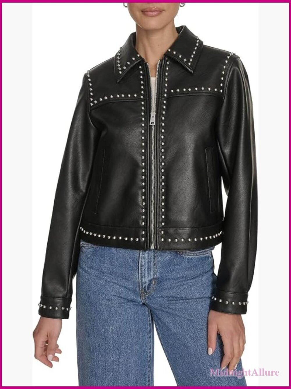 Faux Leather Studded Moto Jacket Zip Front Structured